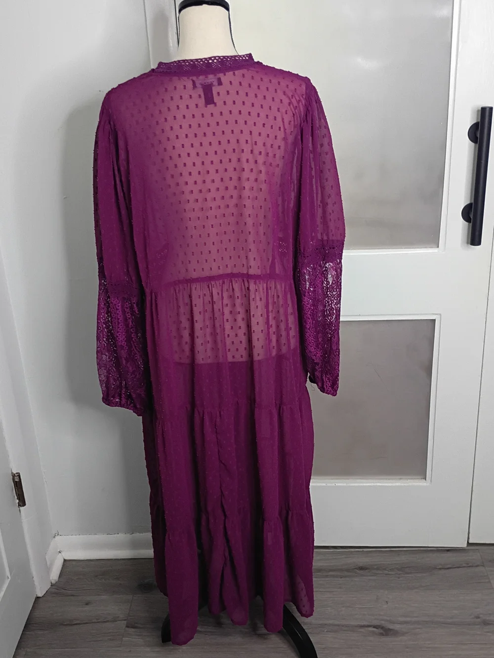 Torrid Sheer Plum Dotted Lace Sleeve Boho Maxi Duster with Tie Front, Size 2 - Picture 3 of 9